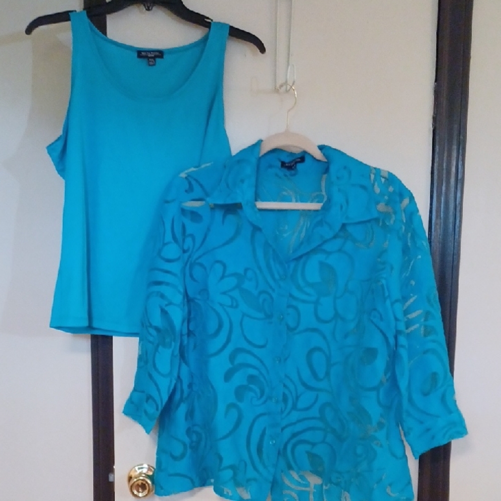 Notations Teal Sheer Button-Down Shirt With Matching Tank - Picture 5 of 10
